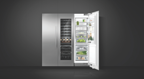 Fisher & Paykel is adding a wine refrigerator to its integrated column appliances. The 24-inch unit accomm­odates at least 90 bottles and features two independent temperature zones, a stainless steel interior, 12 racks, soft-start LED lighting, and a glass door. IBS Booth C5831. 