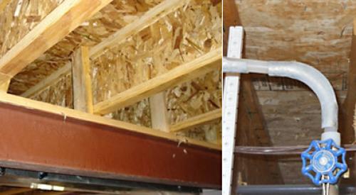 Squash blocks installed to support load from above. Right: Load from above without squash blocks or blocking panels caused this web to buckle. Blocking panels should have also been used to provide lateral support to the joist ends.