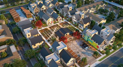 Aerial view of The Patch urban agrihood homes clustered around urban farm