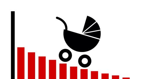 Graphic of baby stroller on a downhill bar chart