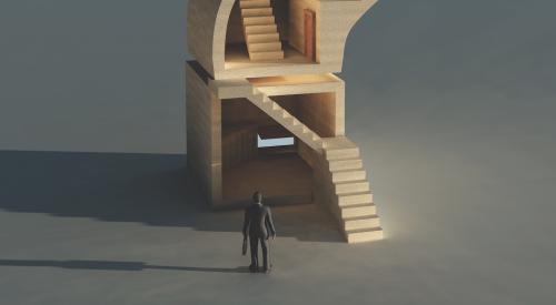 Businessman looking at stairs leading to the future as he plans for business succession