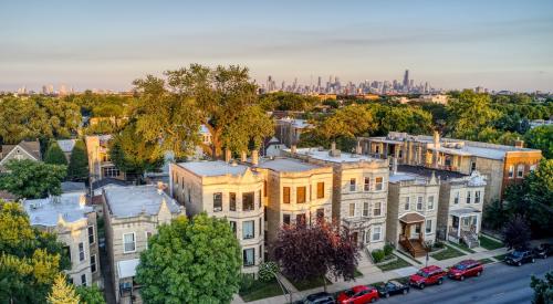 Aerial view of historic neighborhood outside Chicago