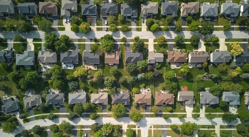 Aerial view of residential neighborhood of single-family homes