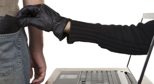Hand of cyber criminal reaching out from laptop screen to pick-pocket