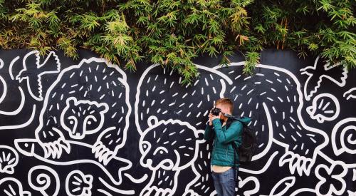 Man taking photo by mural