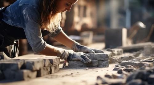 Woman laying bricks