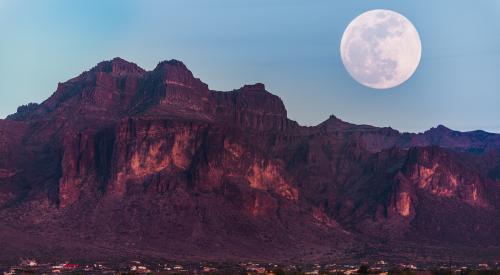 The Supermoon rises above the Superstition Mountains in Arizona on January 30, 2018