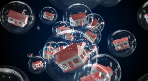 White houses with red roofing inside bubbles with black background
