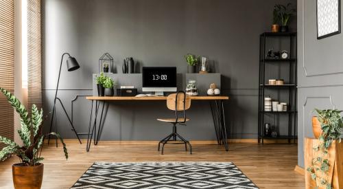 Modern gray home office with desk and plants