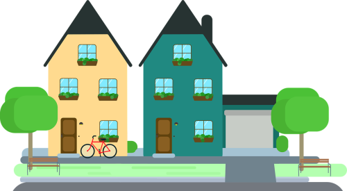 Illustration of two homes, a road, and some trees