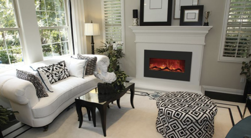 Cozy fireplace in a black-and-white living room interior