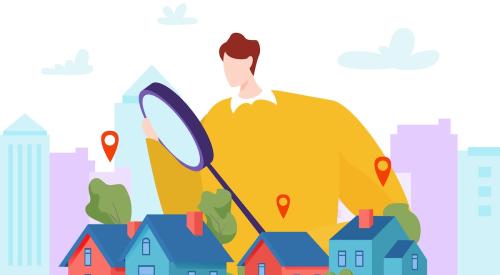Graphic of person holding magnifying glass over a group of houses