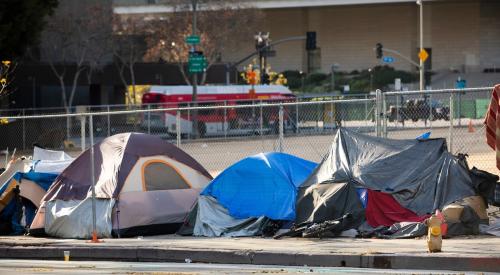 Homeless tents on the street in city