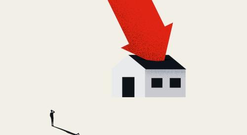 Red downward arrow colliding with roof of home 