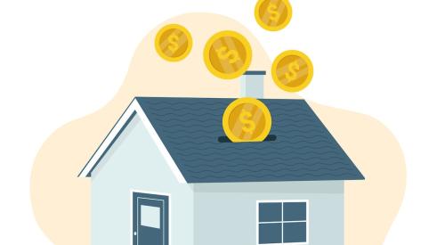 Graphic of yellow coins falling onto house