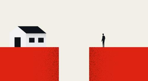 Person standing on red block overlooking home out of reach on opposite red block