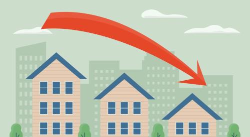 Falling red arrow above three houses declining in size