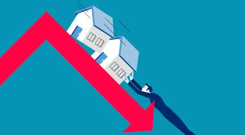 Man holding up houses falling down on red declining arrow with blue background