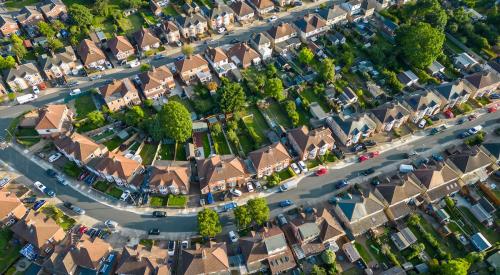 Aerial view of houses in suburban residential neighborhood