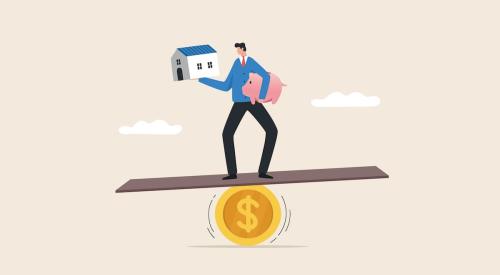 Man balancing on coin while holding piggy bank and small house