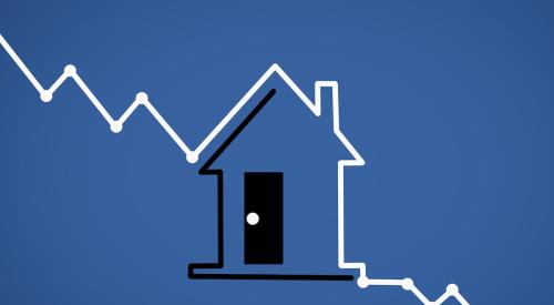 White arrow falling around black house outline with blue background