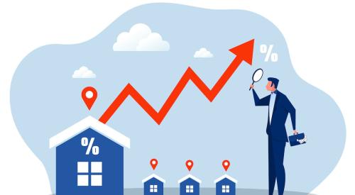 Housing line graph and man looking with magnifying glass to predict future of housing