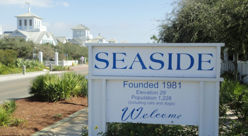 Welcome sign to the community of Seaside, in Florida.