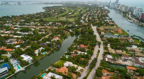 Aerial view of waterfront houses in Miami