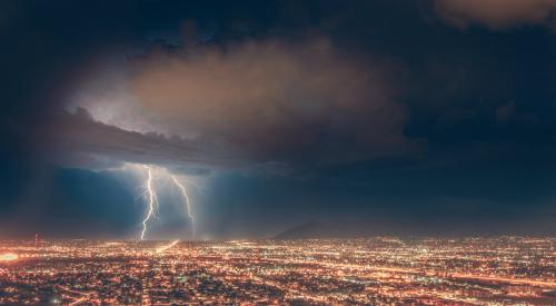 lightning storm over city