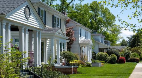 Houses with front porches in residential neighborhood