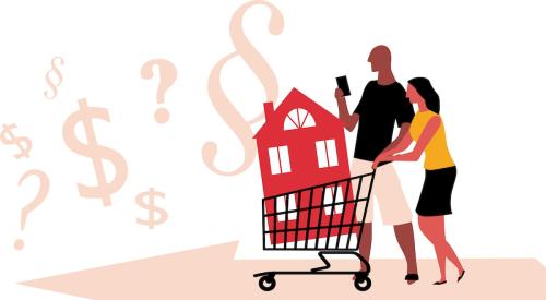 Cartoon couple pushing shopping cart containing red house toward money signs and question marks