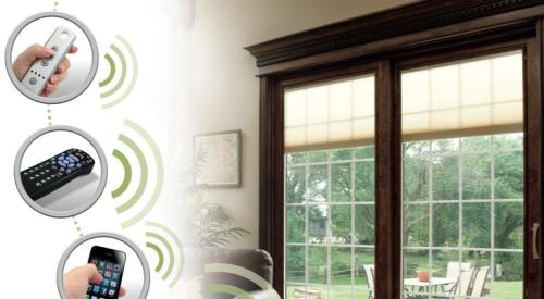 Pella's SmartSync technology allows shades or blinds to be controlled by a remot