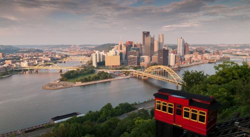 Pittsburgh, PA, skyline seen from incline trolley on Mt Washington