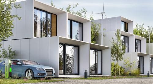 Rendering of white prefab model homes with electric cars