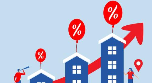 Red line graph showing prices rise behind blue houses