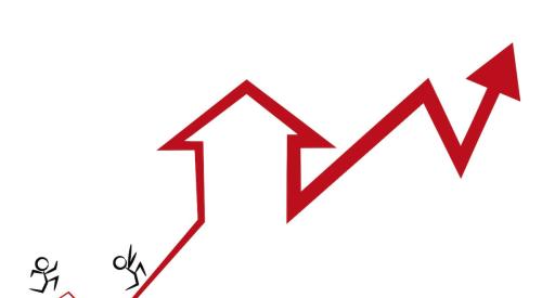 House graph moving upward with two figures running up arrow
