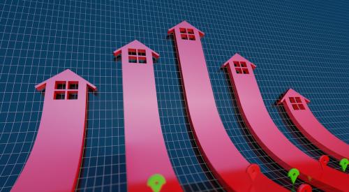 Five red arrows shaped like houses rising upward