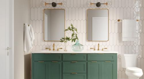White tiled bathroom with green cabinetry