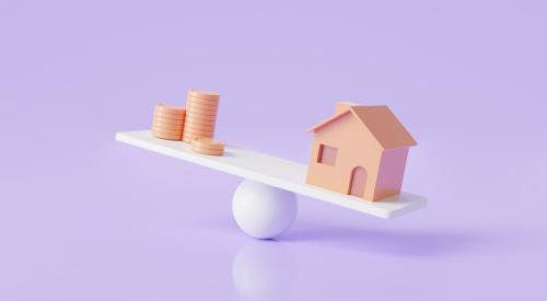 Purple background and white scale with coins and house tipping toward house