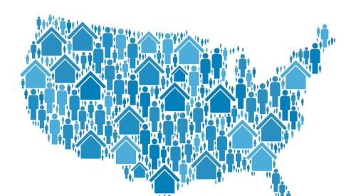 Map of U.S. filled with blue people and houses
