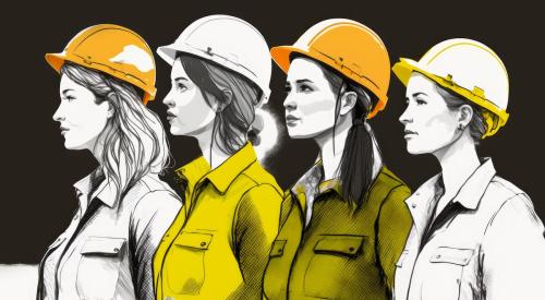 Graphic depicting row of women in vests and hard hats
