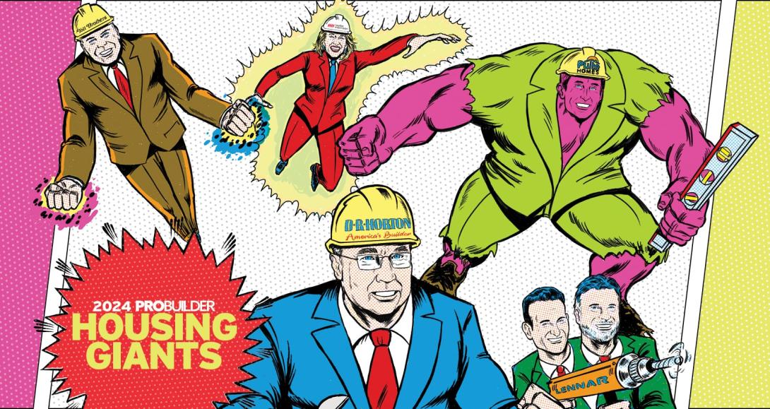 Biggest U.S. home builder CEOs shown as cartoon superheroes in Pro Builder's 2024 Housing Giants